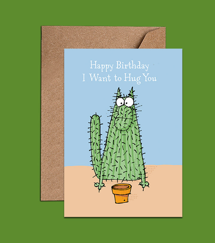 Happy Birthday Card - I Want To Hug You - Cactus Cat (WAC18781)