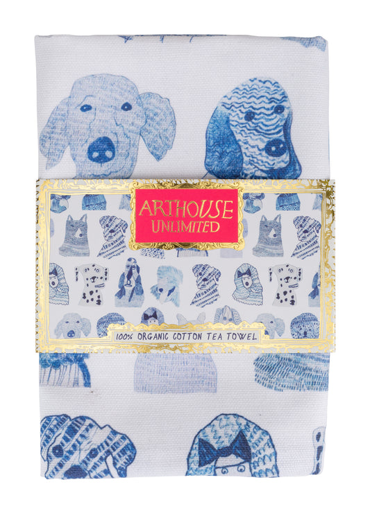 Tea Towel with blue dogs - Arthouse Unlimited Tea Towel for dog lovers 100% Organic Cotton Tea Towel