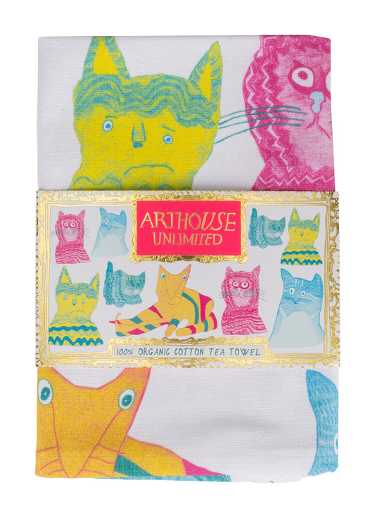 Tea Towel with cats - Arthouse Unlimited Miaow for Now, 100% Organic Cotton Tea Towel