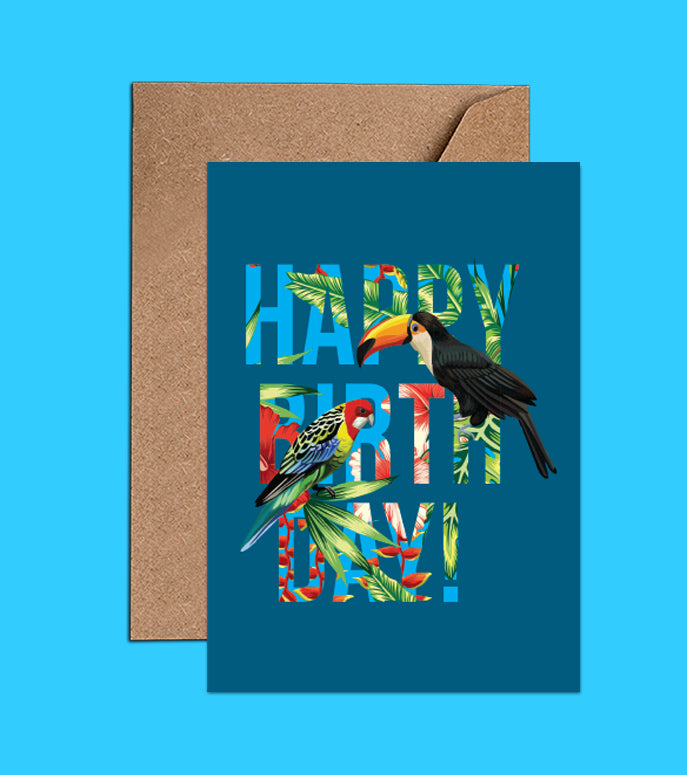 Tropical blue Happy Birthday Card - Toucan & Parrot (WAC18121)