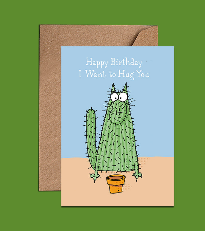 Happy Birthday Card - I Want To Hug You - Cactus Cat  (WAC18781)
