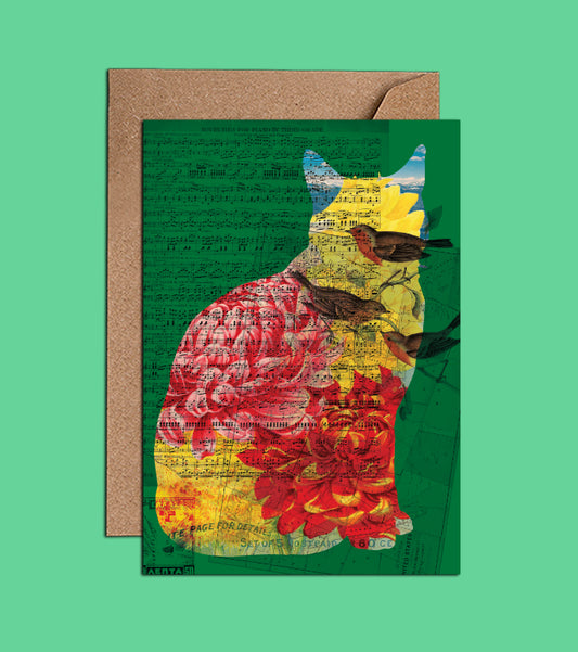 Cat With Notes And Birds - Green Floral Dictionary Art Card (WAC21506)
